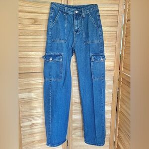 Relaxed Dark Blue Denim Cargo Jeans